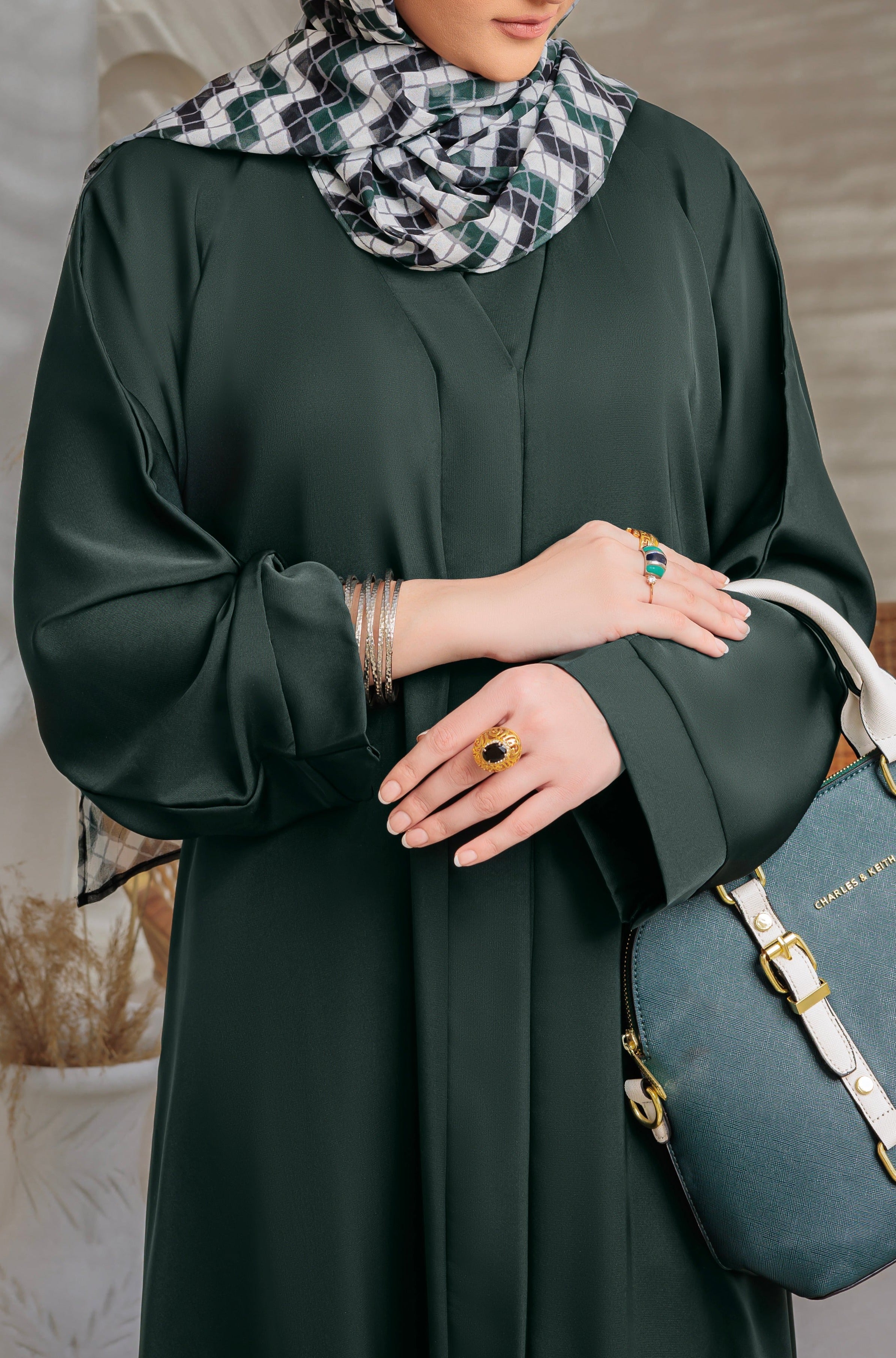 elegant  Bottle Green Front Open Abaya,